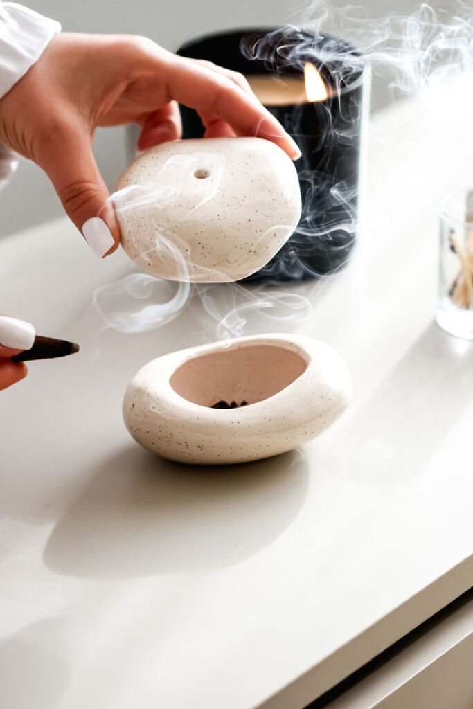 Close-up of a ceramic incense holder with candle and smoke, creating a relaxing atmosphere.
